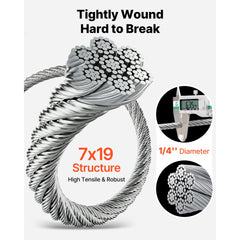 VEVOR 1/4 Inch Wire Rope, 250 ft Length, Zinc Galvanized Carbon Steel Cable with Gloves, 7000 lbs Breaking Strength, 7
