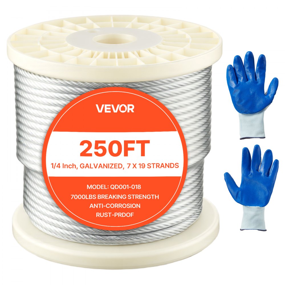 VEVOR 1/4 Inch Wire Rope, 250 ft Length, Zinc Galvanized Carbon Steel Cable with Gloves, 7000 lbs Breaking Strength, 7
