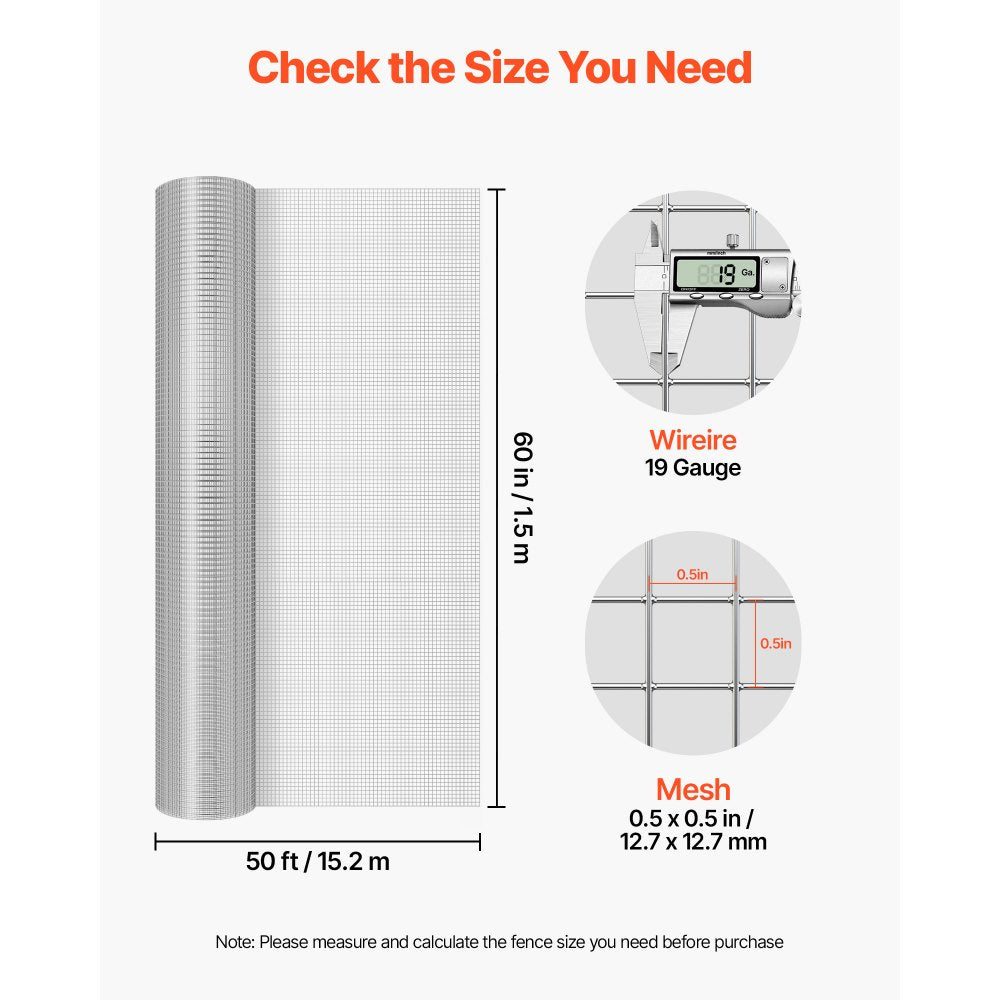 VEVOR Hardware Cloth, 1/2 inch 60 inch x 50 ft 19 Gauge Chicken Wire Fence, Hot-Dip Galvanized After Welding Metal Wire
