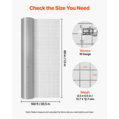 VEVOR Hardware Cloth, 1/2 inch 60 inch x 100 ft 19 Gauge Chicken Wire Fence, Hot-Dip Galvanized After Welding Metal