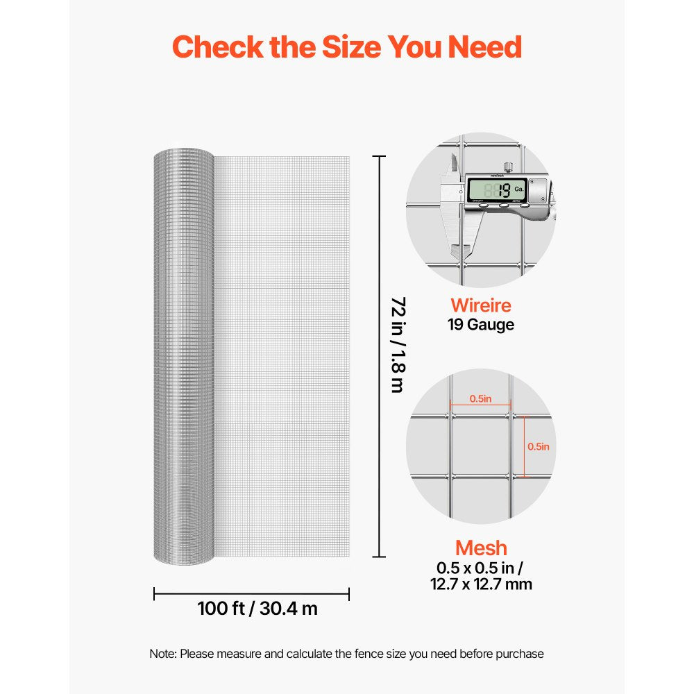 VEVOR Hardware Cloth, 1/2 inch 72 inch x 100 ft 19 Gauge Chicken Wire Fence, Hot-Dip Galvanized After Welding Metal