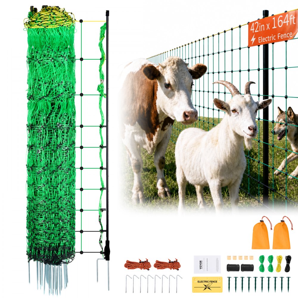 VEVOR Electric Fence Netting, 42 in (H) x 164 ft (L), PE Net Fencing with Posts & Double-Spiked Stakes, Utility