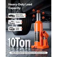 VEVOR Hydraulic Bottle Jack 10 Ton (22046.2 lbs) 9.06"-17.32" Lifting Range, for Heavy-Duty Pickup Truck, Truck, Large