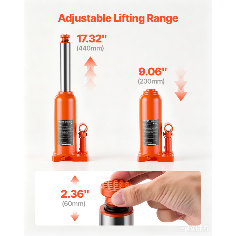 VEVOR Hydraulic Bottle Jack 10 Ton (22046.2 lbs) 9.06"-17.32" Lifting Range, for Heavy-Duty Pickup Truck, Truck, Large