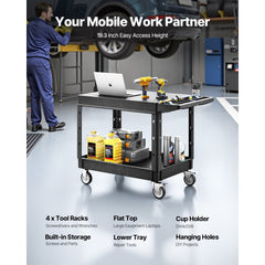 VEVOR Utility Cart, 550 lbs Load Capacity, 37 x 25.4-inch Service Cart, Two-Shelf Heavy Duty Plastic Utility Cart with