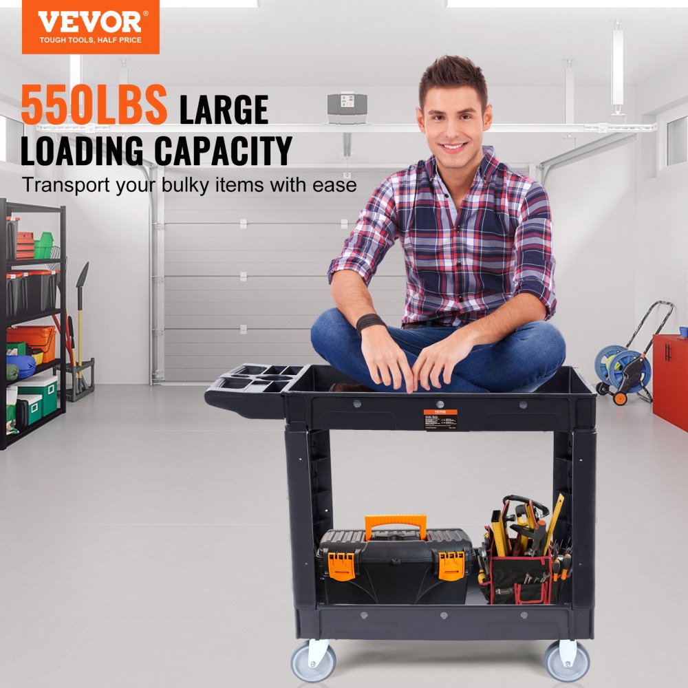 VEVOR Utility Service Cart, 2 Shelf 550LBS Heavy Duty Plastic Rolling Utility Cart with 360° Swivel Wheels, Medium