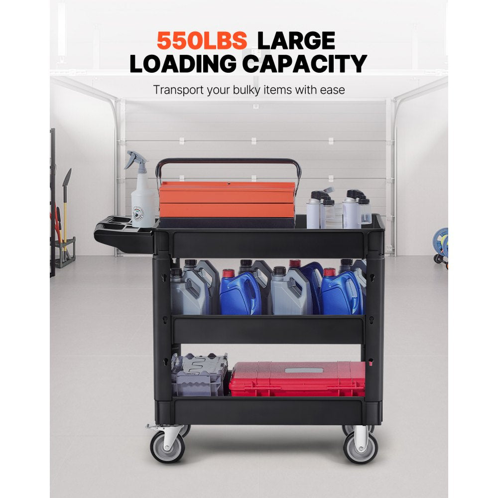 VEVOR Utility Service Cart, 550 LBS Laod Capacity, 3 Shelf Heavy Duty Plastic Rolling Utility Cart with 360° Swivel