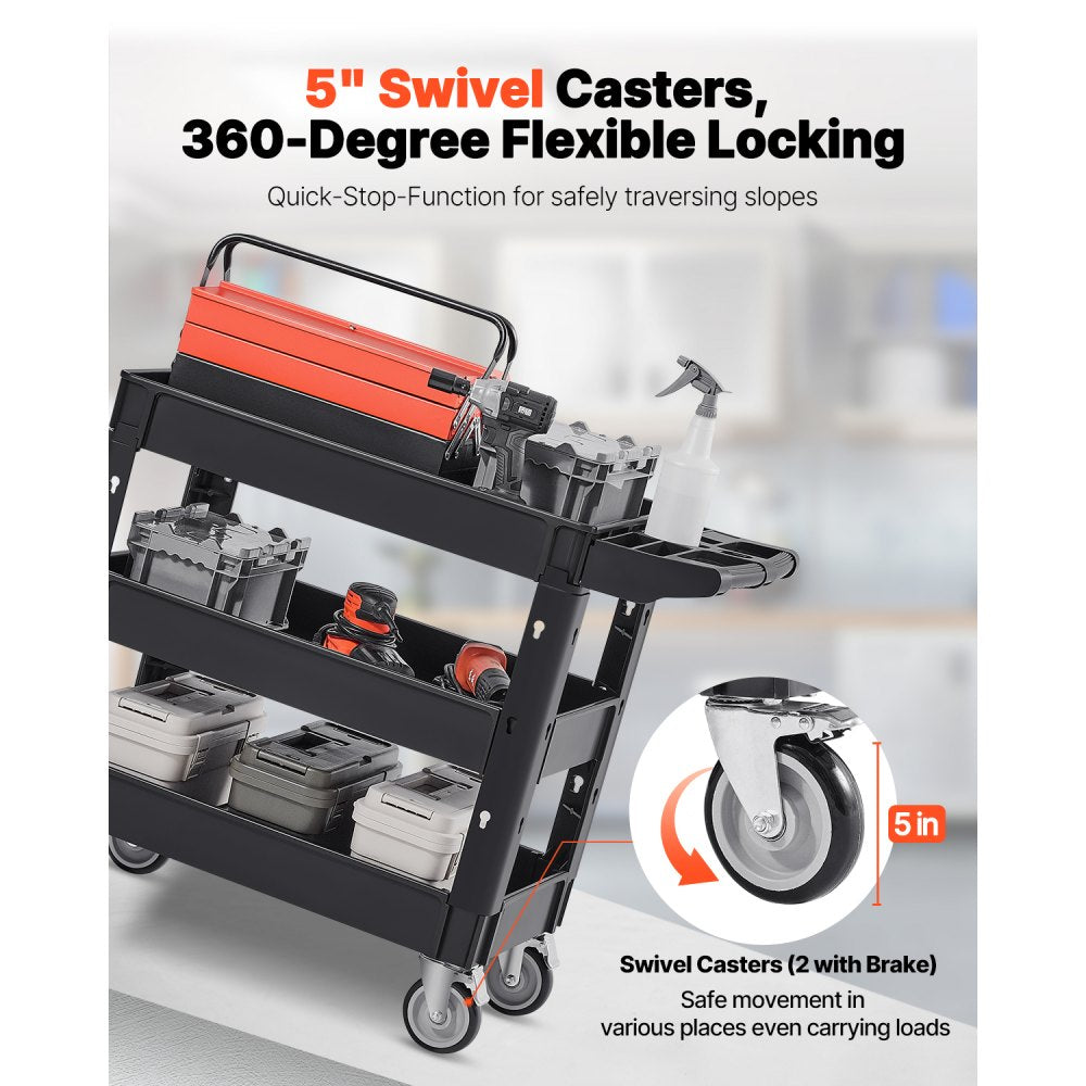 VEVOR Utility Service Cart, 550 LBS Laod Capacity, 3 Shelf Heavy Duty Plastic Rolling Utility Cart with 360° Swivel