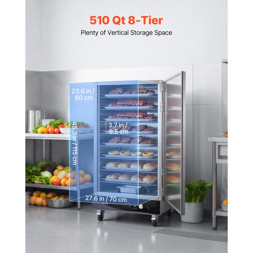 VEVOR Electric Hot Box Food Warmer, 8-Tier Commercial Warming Cabinet with Water Tray, Single-Door and Adjustable