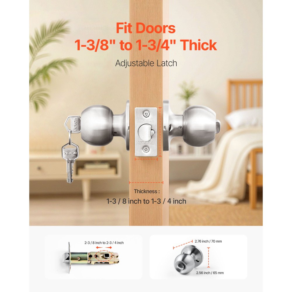 VEVOR Keyed Entry Door Knob, Satin Nickel Door Knob with Round Ball, Keyed Exterior & Thumb Turn Lock Interior, All