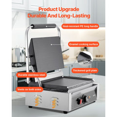 VEVOR Commercial Panini Grill, 1800W Electric Sandwich Panini Maker, Stainless Steel Sandwichs Press Grill with Handle