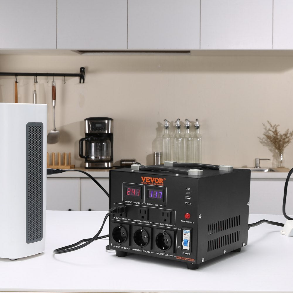 VEVOR Power Converter, 3000W, Durable Step Up/Down Unit, Switches between 110V and 220V, Includes US and EU Outlets