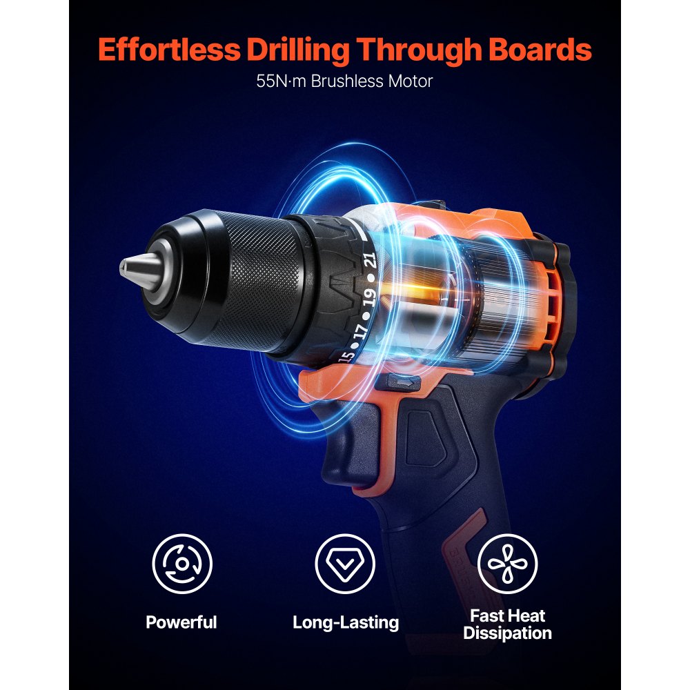 VEVOR Cordless Drill Driver, 1/2 inch Metal Chuck, Brushless Motor, Dual-Speed Variable, Drill Driver Kit with Lithium