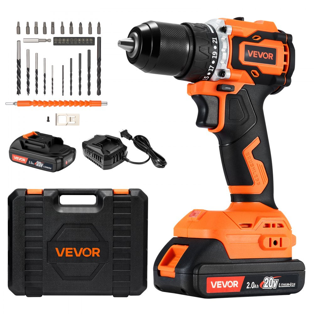 VEVOR Cordless Drill Driver, 1/2 inch Metal Chuck, Brushless Motor, Dual-Speed Variable, Drill Driver Kit with Lithium