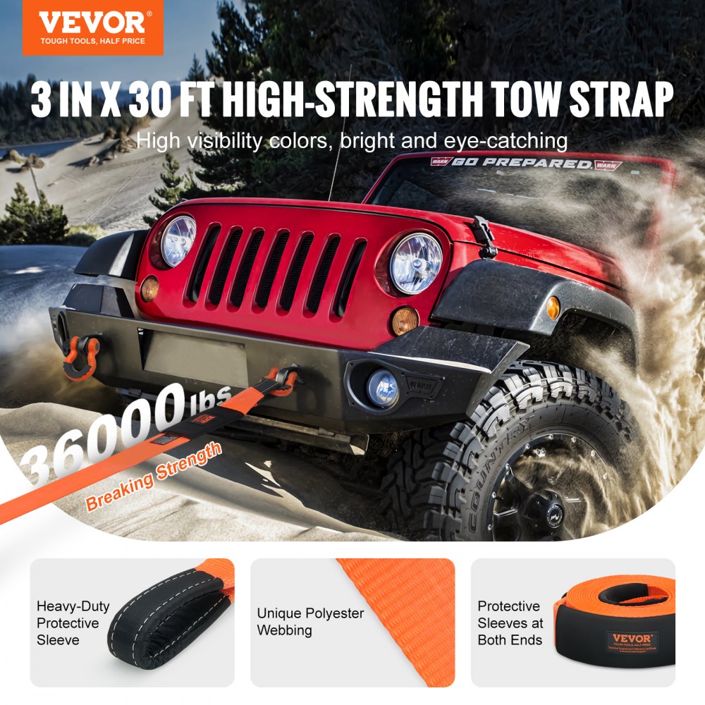 VEVOR Heavy Duty Tow Strap Recovery Kit 3" x 30 ft (MBS-36,000 lbs) Tree Saver Winch Strap, Triple Reinforced Loop &