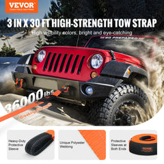 VEVOR Heavy Duty Tow Strap Recovery Kit 3" x 30 ft (MBS-36,000 lbs) Tree Saver Winch Strap, Triple Reinforced Loop &