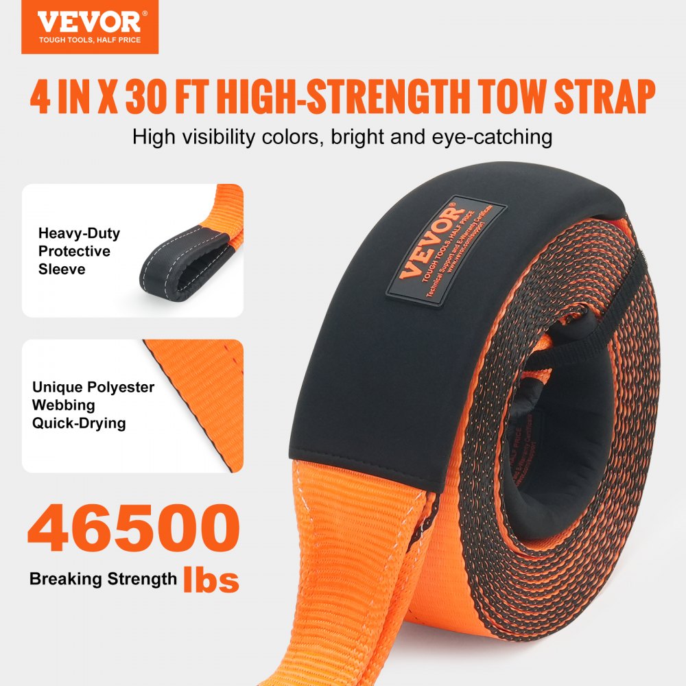 VEVOR Recovery Tow Strap 4" x 30', 46,500 lbs Break Strength, Triple Reinforced Loop Straps, Tree Saver, Off Road
