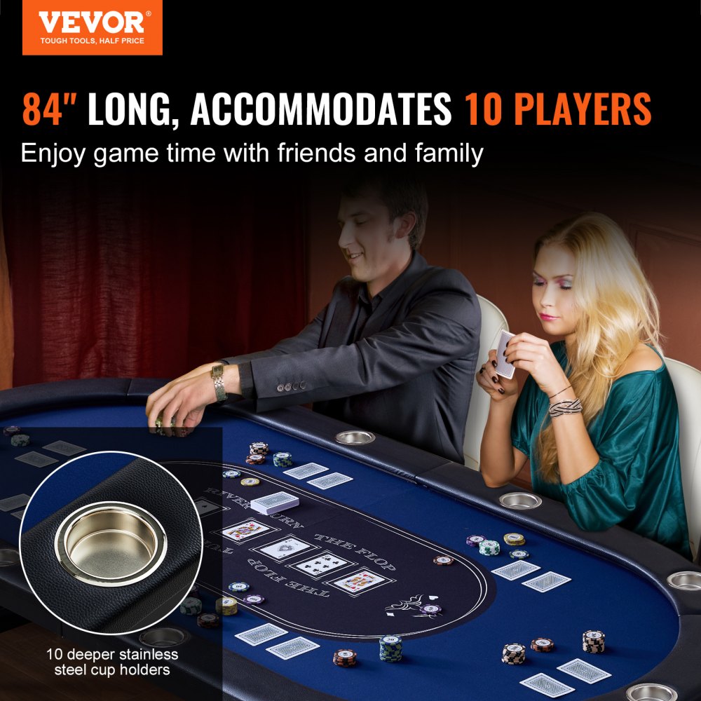 VEVOR 10 Player Foldable Poker Table, Blackjack Texas Holdem Poker Table with Padded Rails and Stainless Steel Cup