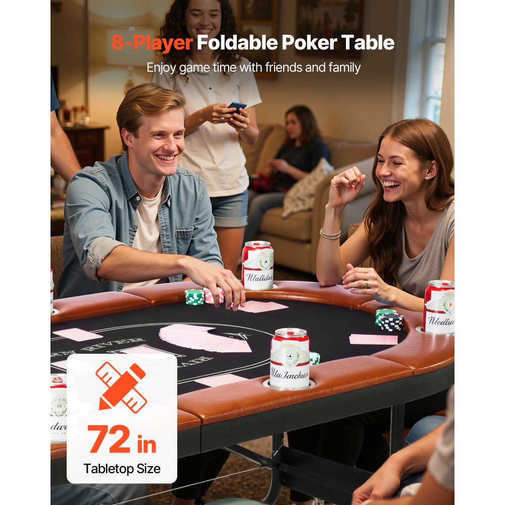 VEVOR Foldable Poker Table, 8 Player 72 in Folding Casino Leisure Table with Padded Rails and Cup Holders, Oval