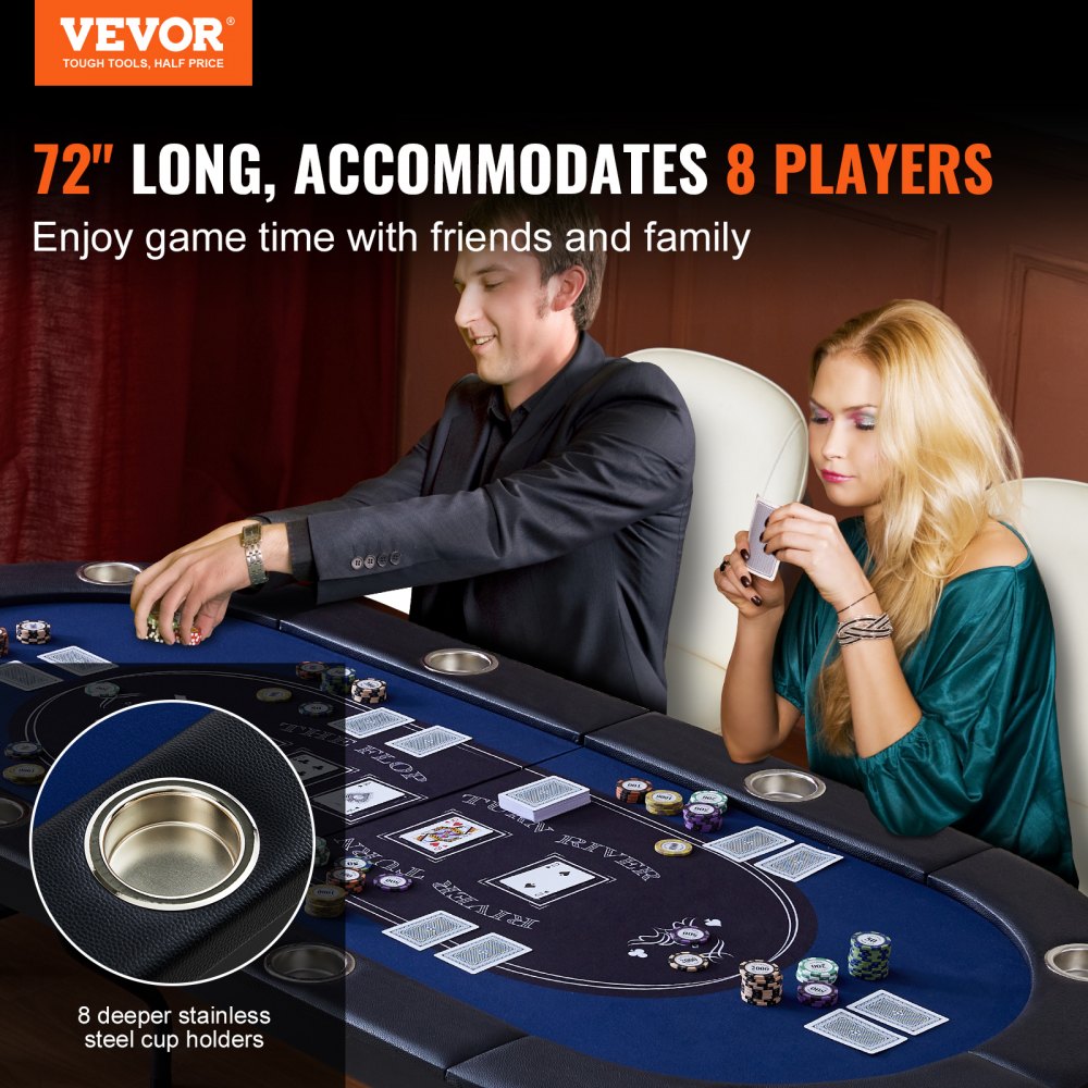 VEVOR 8 Player Foldable Poker Table, Blackjack Texas Holdem Poker Table with Padded Rails and Stainless Steel Cup