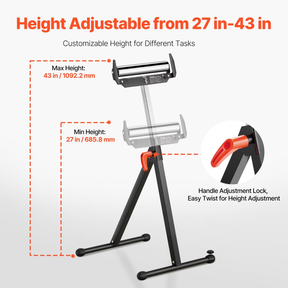 VEVOR 2-Pack Roller Stands, 250 lbs Load Capacity, 27-43 in Adjustable Height, Folding Heavy Duty with Polished Steel