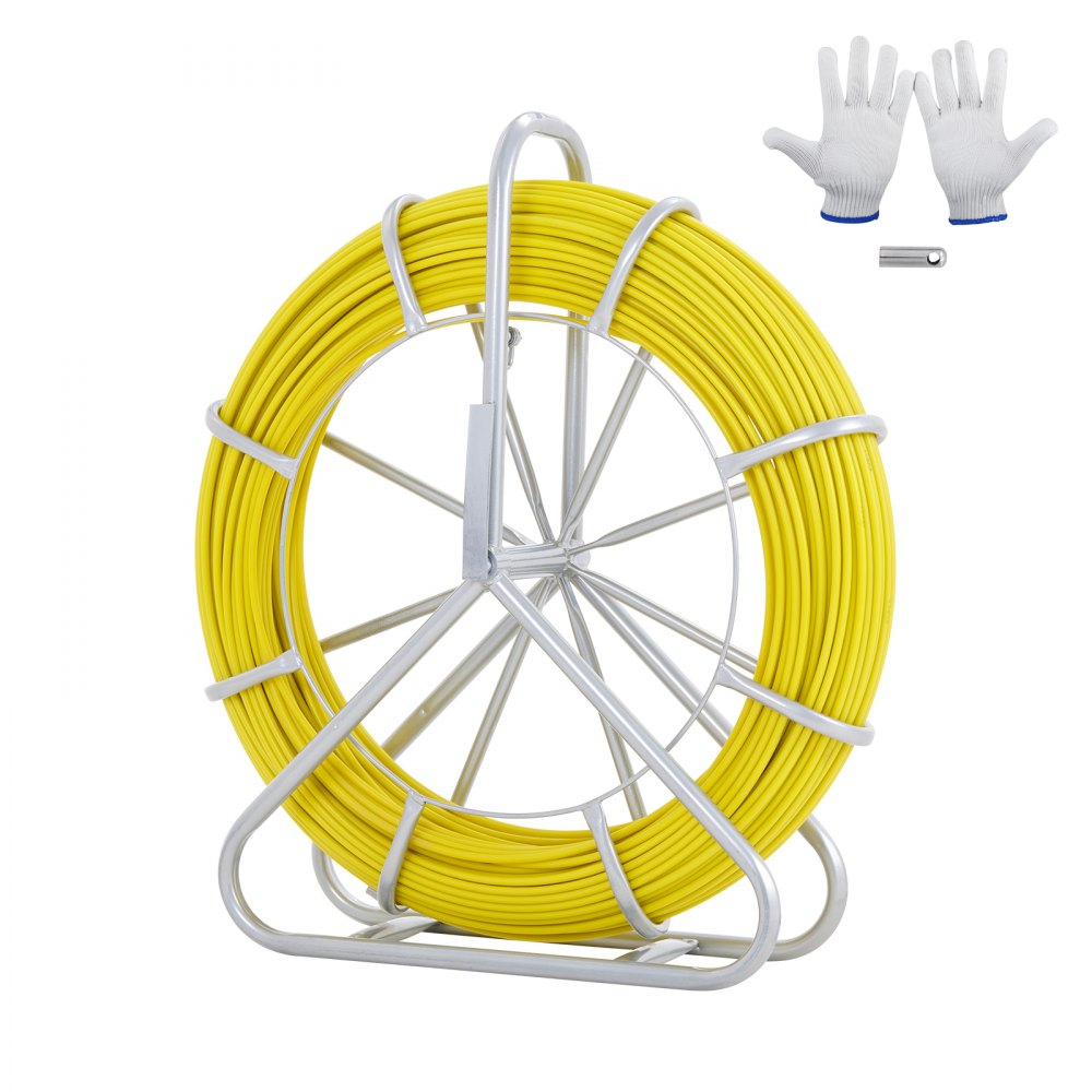 VEVOR Fish Tape Fiberglass, 492 ft, 5/16 in, Duct Rodder Fishtape Wire Puller, Cable Running Rod with Steel Reel Stand