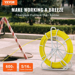 VEVOR Fish Tape Fiberglass, 600 ft, 5/16 in, Duct Rodder Fishtape Wire Puller, Cable Running Rod with Steel Reel Stand