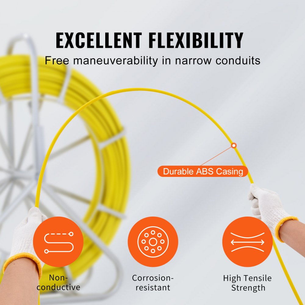 VEVOR Fish Tape Fiberglass, 600 ft, 5/16 in, Duct Rodder Fishtape Wire Puller, Cable Running Rod with Steel Reel Stand