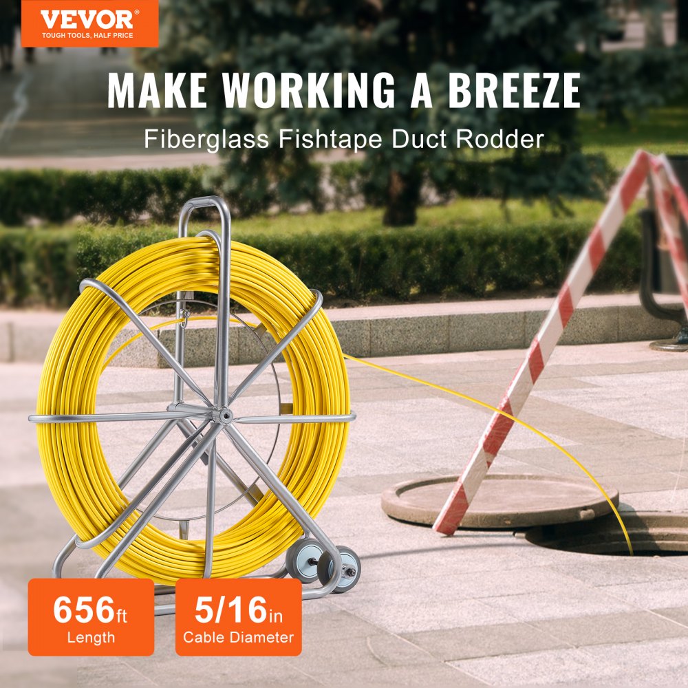 VEVOR Fish Tape Fiberglass, 656 ft, 5/16 in, Duct Rodder Fishtape Wire Puller, Cable Running Rod with Steel Reel Stand