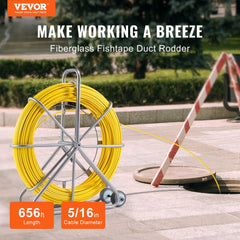 VEVOR Fish Tape Fiberglass, 656 ft, 5/16 in, Duct Rodder Fishtape Wire Puller, Cable Running Rod with Steel Reel Stand