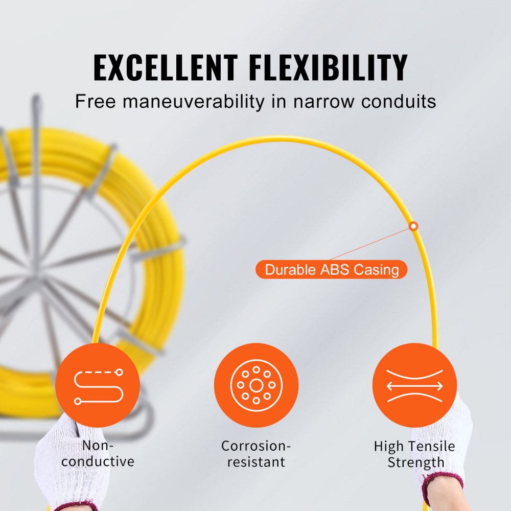 VEVOR Fish Tape Fiberglass, 656 ft, 5/16 in, Duct Rodder Fishtape Wire Puller, Cable Running Rod with Steel Reel Stand