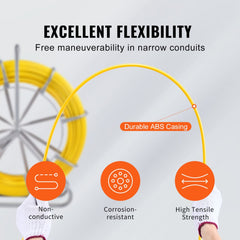 VEVOR Fish Tape Fiberglass, 656 ft, 5/16 in, Duct Rodder Fishtape Wire Puller, Cable Running Rod with Steel Reel Stand