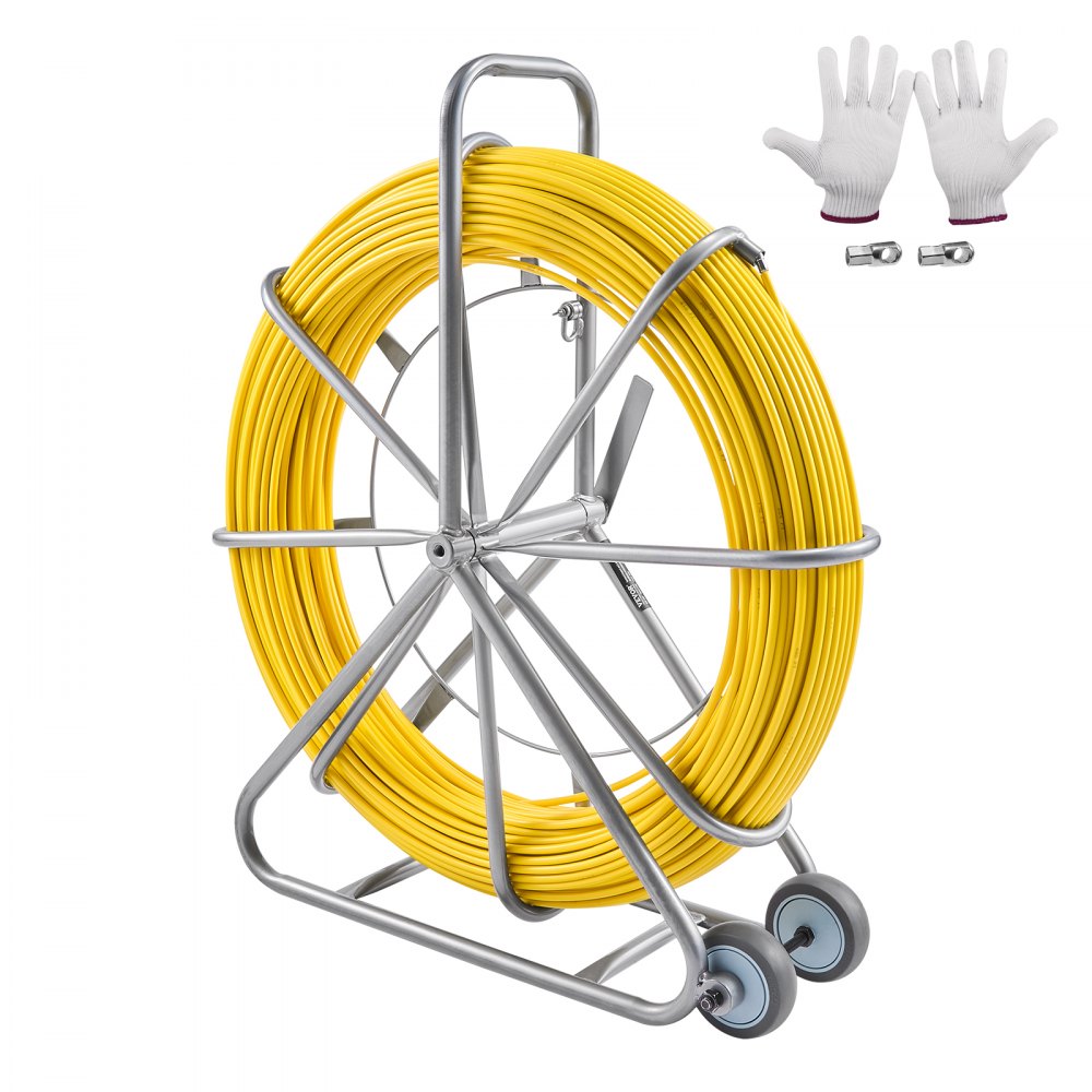 VEVOR Fish Tape Fiberglass, 656 ft, 5/16 in, Duct Rodder Fishtape Wire Puller, Cable Running Rod with Steel Reel Stand