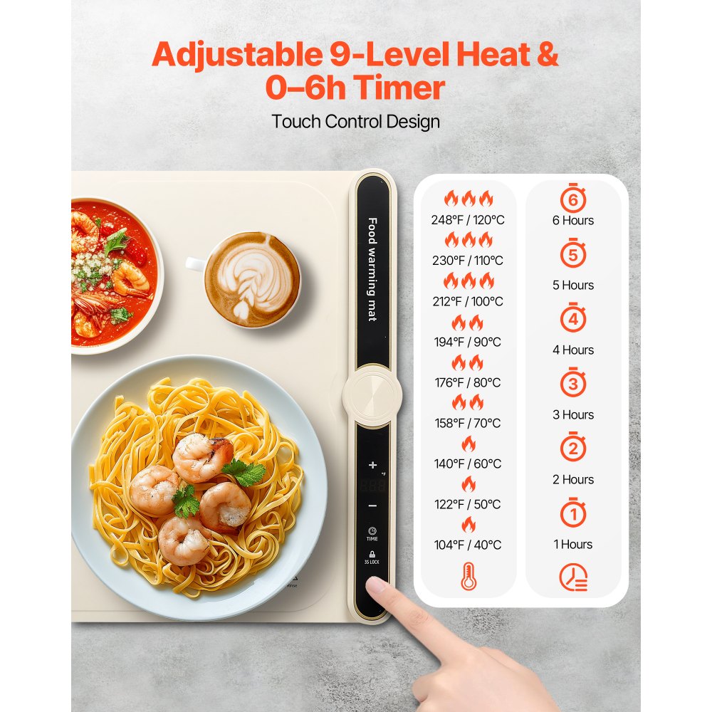 VEVOR Electric Warming Tray, Food Warming Mat for Buffet, Rollable & Portable Silicone Food Warmer with 9 Adjustable