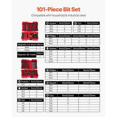 VEVOR Screwdriver Bit Set, 101-Piece, Magnetic Phillips, Pozidriv, Slotted, Square, Torx, Hex Bits, Hex Nut Sockets