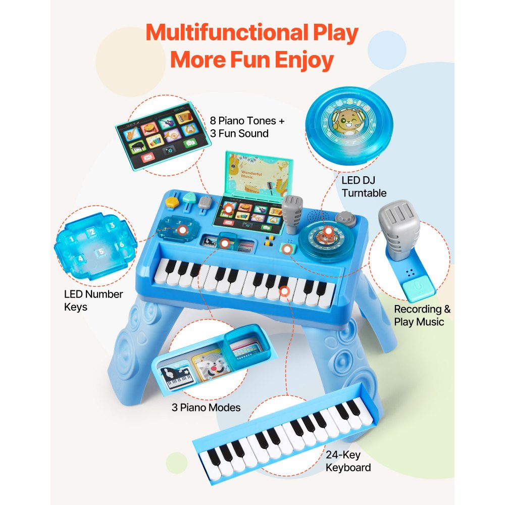 VEVOR Baby DJ Playset for Toddlers 1-3, Educational Musical Table Toys with 133 Sound Sources, Recording and LED DJ