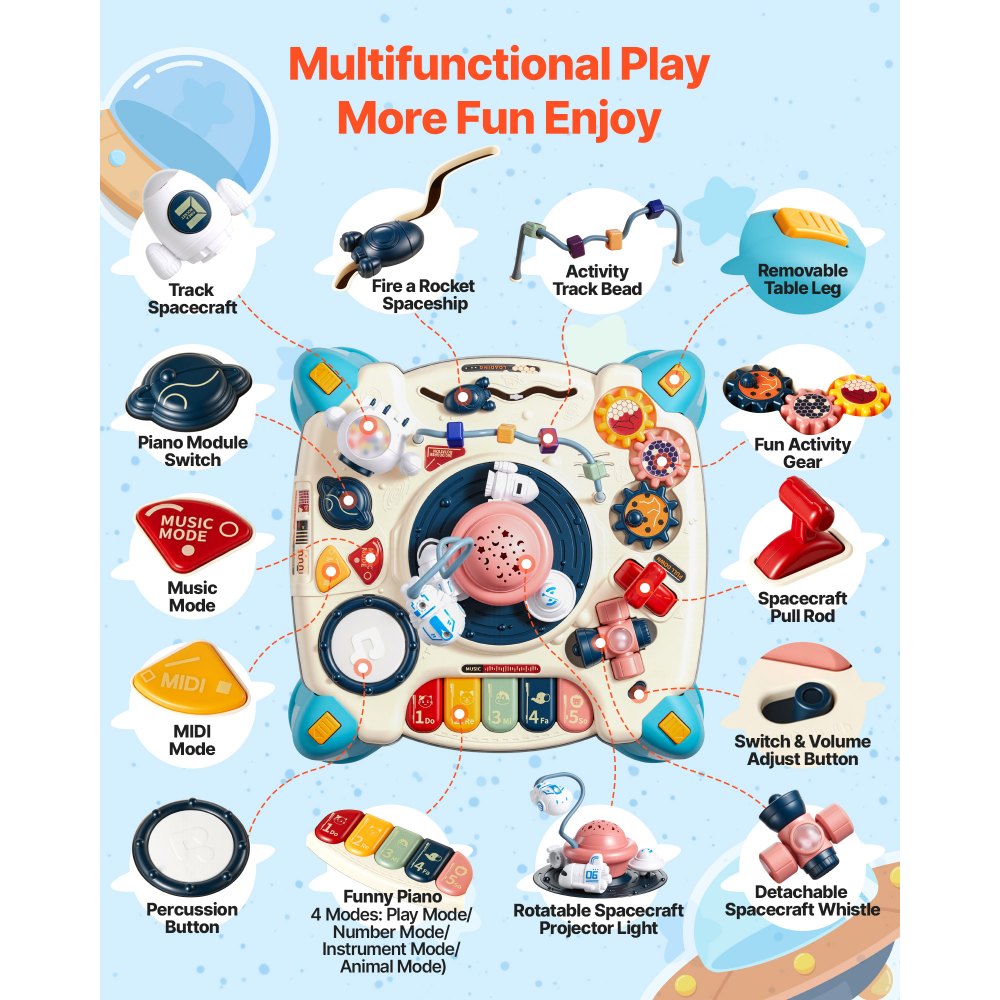 VEVOR Baby Spacecraft Musical Table Toys for 1-3 Years Old, Learning Activity Desk with Space Theme & Soft-glow Star