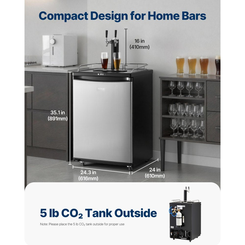 VEVOR Beer Kegerator, Dual Tap Draft Beer Dispenser, Full Size Keg Refrigerator With Shelves, CO2 Cylinder, Drip Tray &