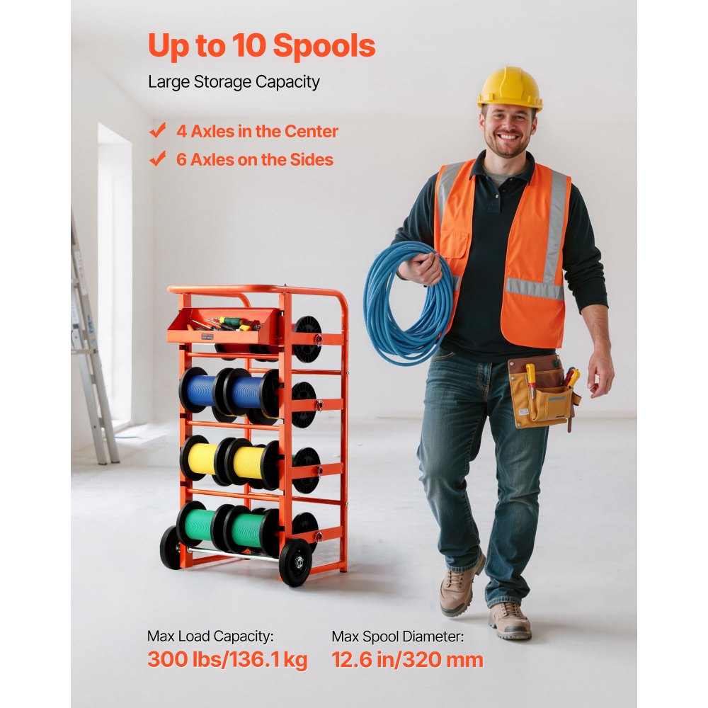 VEVOR Wire Spool Rack, 11 Rods, Multi-Spool Wire Rack Dispenser, Cable Caddy with Wheels, Cable Holder with Storage