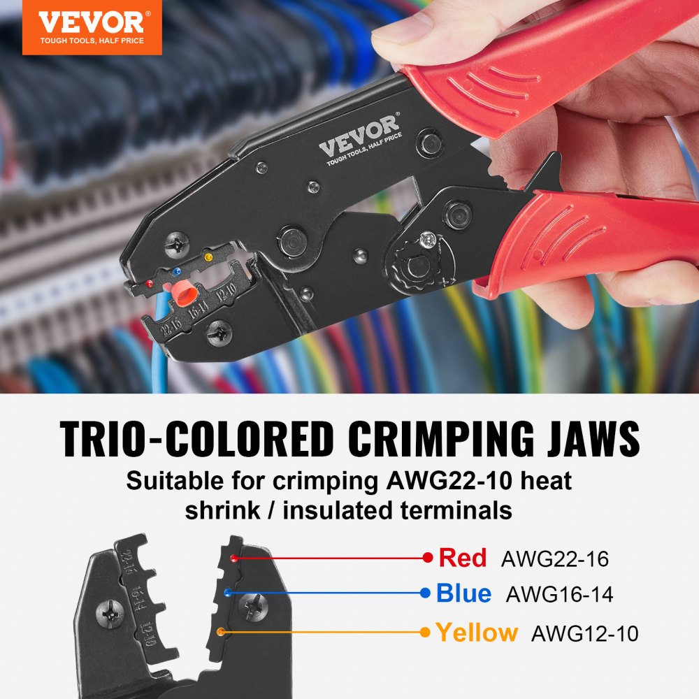 VEVOR Ratcheting Crimping Tool Set For Insulated Electrical Connectors AWG22-10 with Wire Stripper and 210pcs Heat