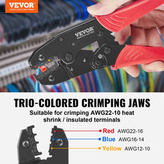 VEVOR Ratcheting Crimping Tool Set For Insulated Electrical Connectors AWG22-10 with Wire Stripper and 210pcs Heat