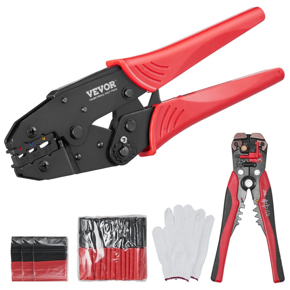 VEVOR Ratcheting Crimping Tool Set For Insulated Electrical Connectors AWG22-10 with Wire Stripper and 210pcs Heat