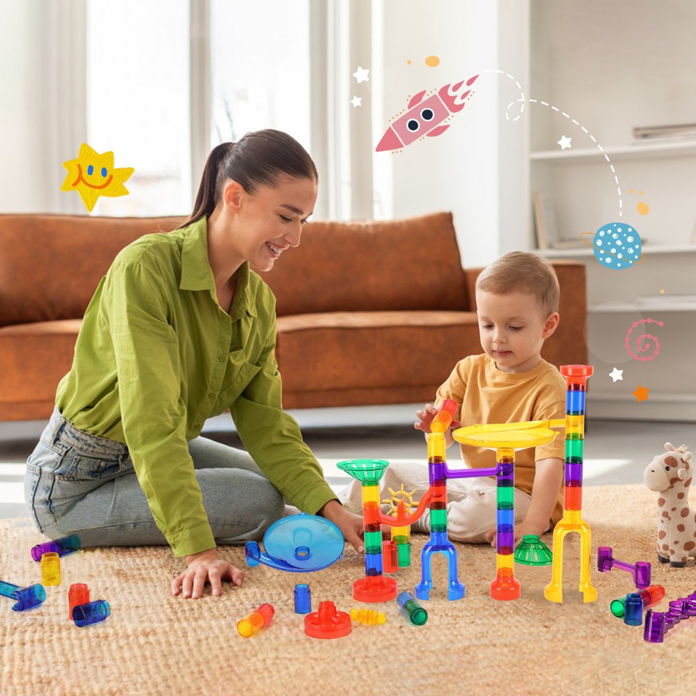 VEVOR Marble Run Set, 150 Piece Marble Maze Building Block Brain Game, with 10 Glow in the Dark Marbles + 40 Glass