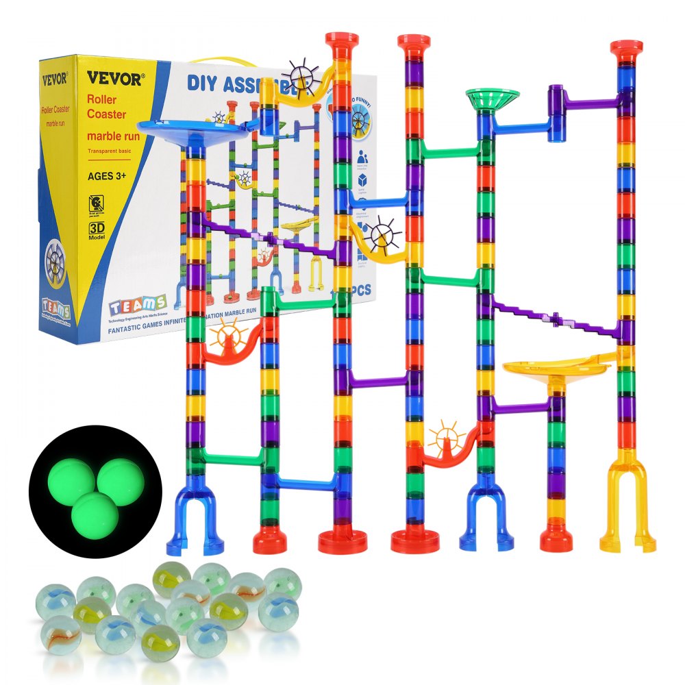 VEVOR Marble Run Set, 150 Piece Marble Maze Building Block Brain Game, with 10 Glow in the Dark Marbles + 40 Glass