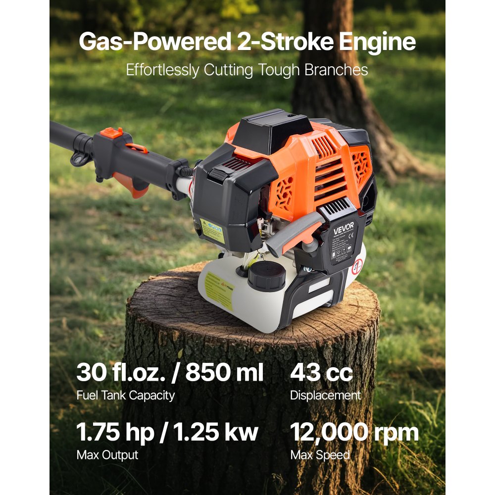 VEVOR Gas Pole Saw, 43CC 2 Stroke Gas Powered Pole Saws with 12 in Cutting Bar, Cordless Tree Trimmer with Rotatable