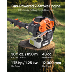VEVOR Gas Pole Saw, 43CC 2 Stroke Gas Powered Pole Saws with 12 in Cutting Bar, Cordless Tree Trimmer with Rotatable