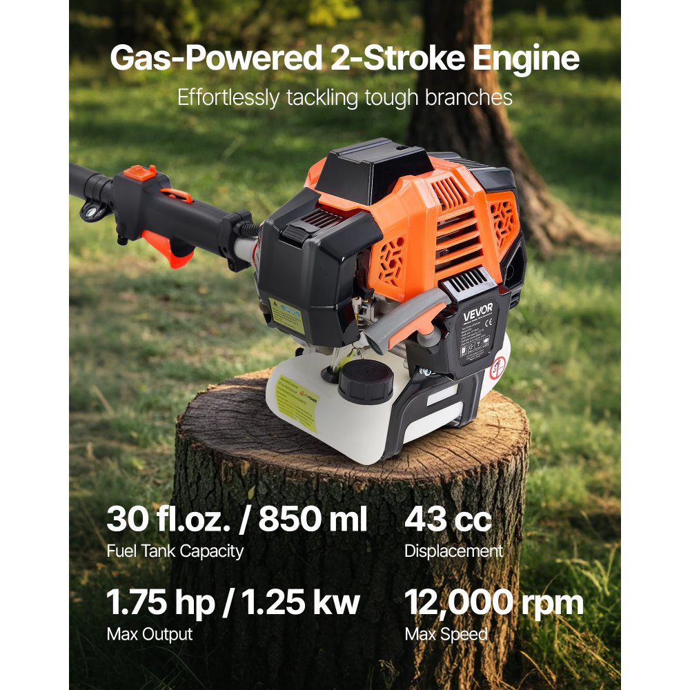 VEVOR Gas Pole Saw, 43CC 2 Stroke Gas Powered Pole Saws with 10 in Cutting Bar, Cordless Tree Trimmer with 30 fl.oz