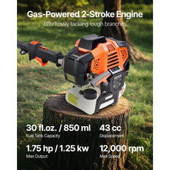 VEVOR Gas Pole Saw, 43CC 2 Stroke Gas Powered Pole Saws with 10 in Cutting Bar, Cordless Tree Trimmer with 30 fl.oz