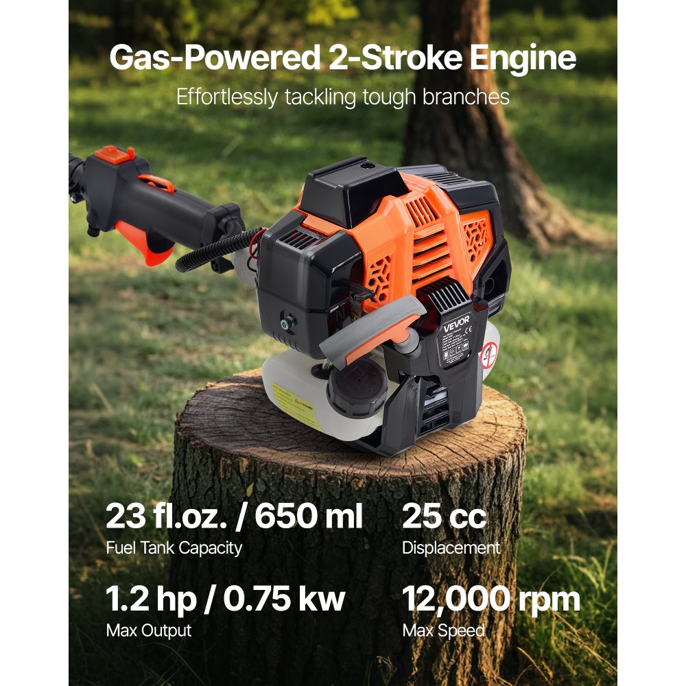 VEVOR Gas Pole Saw, 25CC 2 Stroke Gas Powered Pole Saws with 12 in Cutting Bar, Cordless Tree Trimmer with 23 fl.oz