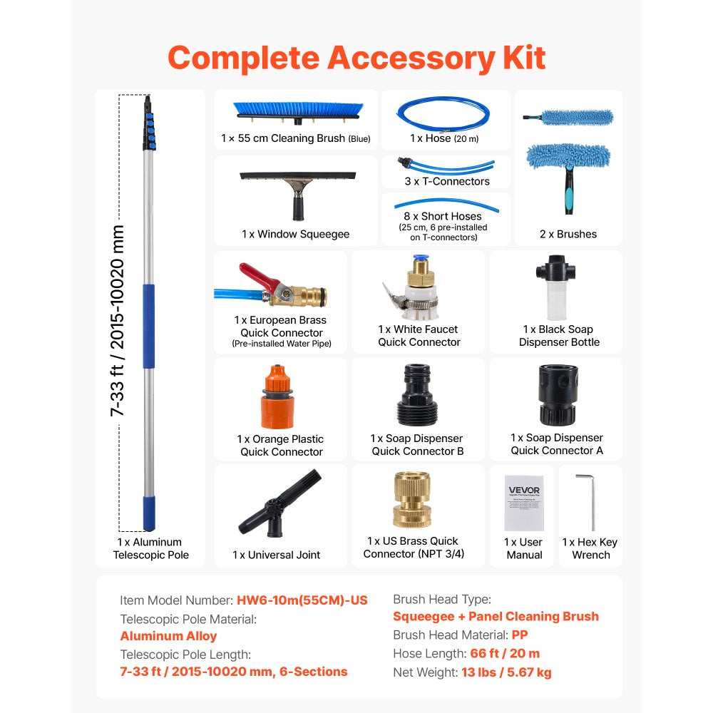 VEVOR Solar Panel Cleaning Kit, 33 ft, Water Fed Pole Kit with Cleaning Brush, Squeegee, Soap Dispenser, Extendable